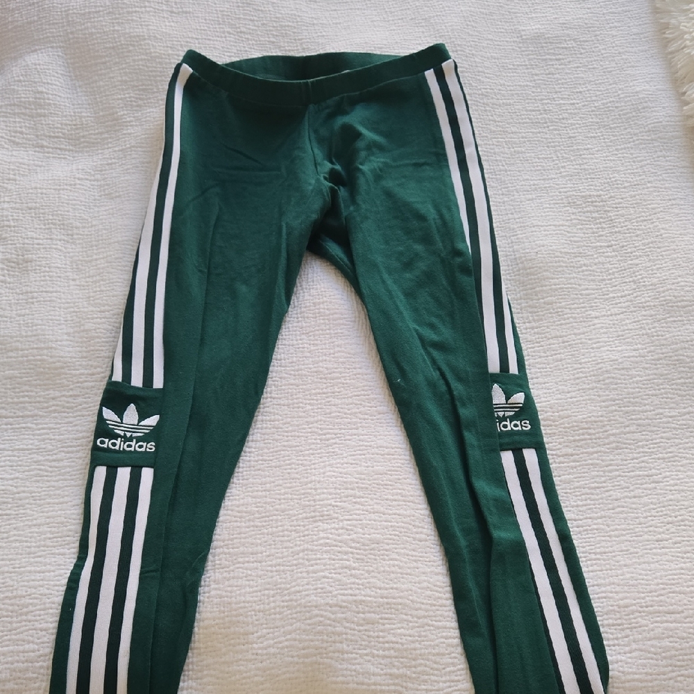 Adidas Kids Forest Green Leggings with White Stripes